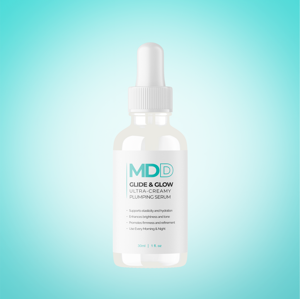 A bottle of MDD Glide & Glow with a light blue background